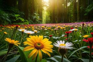 sunlight shines through a forest of colorful flowers. AI-Generated photo