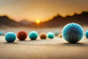 a group of colorful balls in the desert. AI-Generated photo