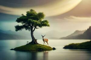 a deer stands on an island in the middle of a lake. AI-Generated photo