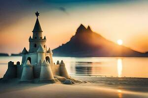 sand castle on the beach at sunset. AI-Generated photo