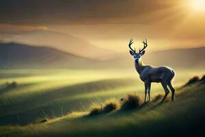 a deer stands in the middle of a field at sunset. AI-Generated photo