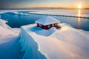 un rojo casa se sienta en parte superior de un nieve cubierto isla. generado por ai foto