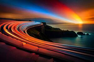 a long exposure photograph of a rainbow over the ocean. AI-Generated photo