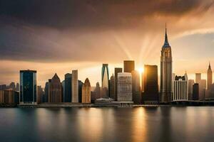 el Manhattan horizonte a puesta de sol. generado por ai foto