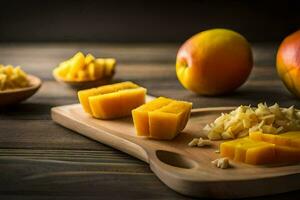 mango slices on a cutting board. AI-Generated photo