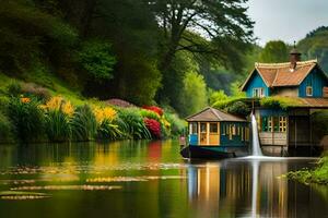 a houseboat on the river with a waterfall. AI-Generated photo