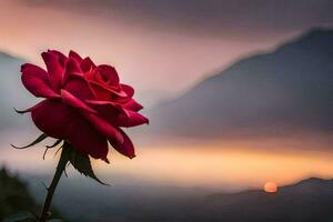 a red rose is in front of a mountain. AI-Generated photo