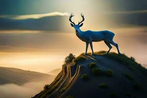 a deer stands on top of a hill with the sun setting behind it. AI-Generated photo