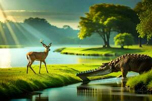 a deer and an alligator in the grass by a river. AI-Generated photo