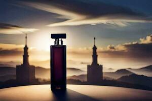 a bottle of perfume sits on a table in front of a cityscape. AI-Generated photo