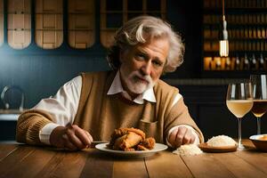 un más viejo hombre sentado a un mesa con un plato de alimento. generado por ai foto