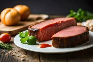 un plato de carne con Tomates y hierbas. generado por ai foto