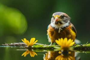 un pájaro sentado en parte superior de un Iniciar sesión con amarillo flores generado por ai foto