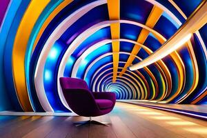 a colorful chair in a room with a curved wall. AI-Generated photo