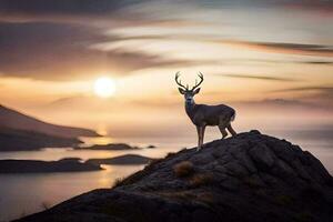 un ciervo soportes en un montaña parte superior a puesta de sol. generado por ai foto