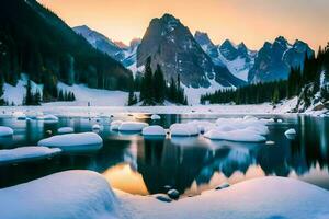 nieve cubierto montañas y hielo en el agua a puesta de sol. generado por ai foto