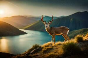 a deer stands on the edge of a mountain overlooking a lake. AI-Generated photo