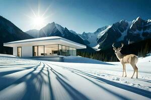 a deer stands in front of a modern house in the snow. AI-Generated photo