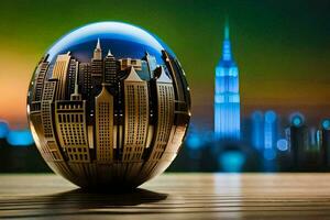 a glass egg with a cityscape on it. AI-Generated photo