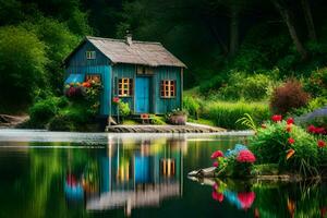 a blue house sits on the edge of a lake. AI-Generated photo