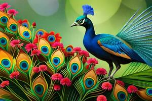 a colorful peacock is standing on a green background. AI-Generated photo