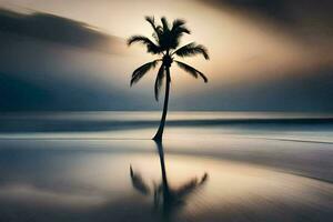 un solitario palma árbol soportes en el playa a puesta de sol. generado por ai foto