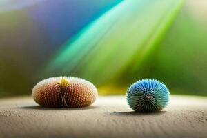 two colorful sea urchins sitting on the ground. AI-Generated photo