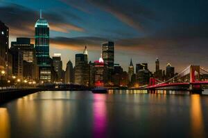 el ciudad horizonte a noche con el brooklyn puente en el primer plano. generado por ai foto