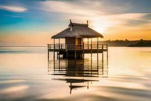 a small hut in the middle of the ocean. AI-Generated photo