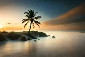 a palm tree stands on the shore of a beach at sunset. AI-Generated photo