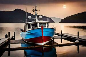 a boat docked at the dock in the middle of a lake. AI-Generated photo