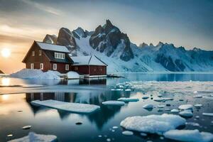 a red house sits on the shore of an icy lake. AI-Generated photo