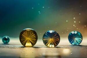 three colorful glass orbs with a sparkly background. AI-Generated photo