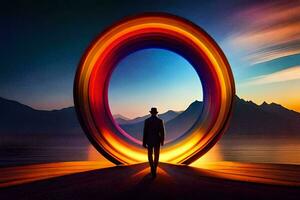a man standing in front of a colorful ring. AI-Generated photo
