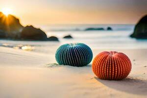 dos vistoso pelotas sentar en el playa a puesta de sol. generado por ai foto