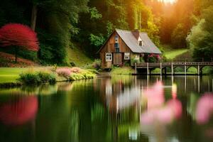 a small house sits on the edge of a lake. AI-Generated photo