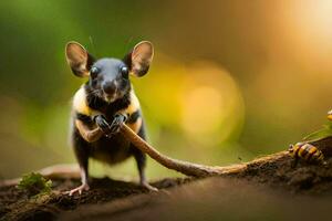 a mouse with a stick in its mouth. AI-Generated photo