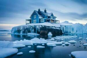 a house on an iceberg in the middle of the ocean. AI-Generated photo