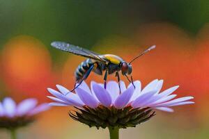 un abeja en un púrpura flor con un borroso antecedentes. generado por ai foto