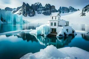 a house on an iceberg in the middle of a lake. AI-Generated photo