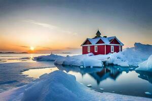 un rojo casa se sienta en parte superior de hielo témpanos. generado por ai foto