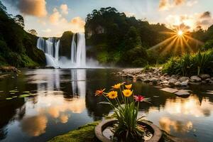 the sun rises over the waterfall. AI-Generated photo