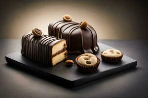 chocolate cake with chocolate chips and nuts on a black plate. AI-Generated photo