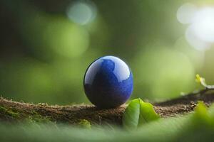 a blue egg sitting on a branch in the forest. AI-Generated photo