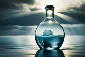 a house in a bottle floating in the ocean. AI-Generated photo