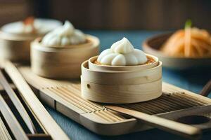 dumplings in bamboo baskets on a wooden tray. AI-Generated photo