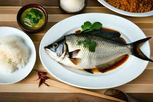 a fish on a plate with rice and other dishes. AI-Generated photo