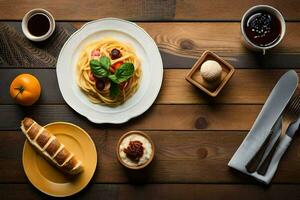 un mesa con espaguetis, pan, y otro alimento. generado por ai foto