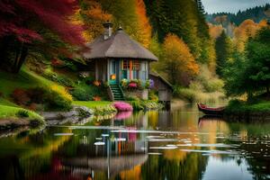 autumn landscape with a house and boat on the water. AI-Generated photo