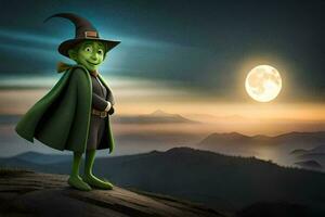 a cartoon witch standing on top of a mountain with a full moon in the background. AI-Generated photo